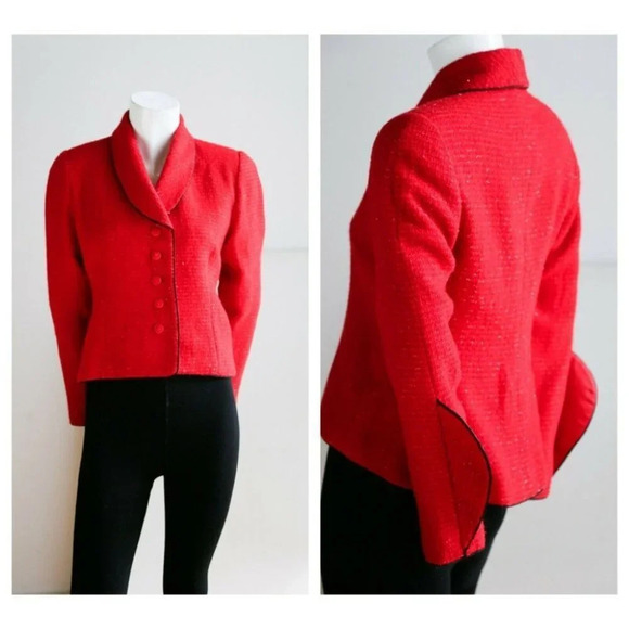 Vintage  50s 60s Fitted Cropped Bright Red Silver Lurex Thread Accent Blazer - Picture 1 of 11